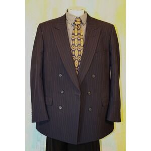 VTG Peak Lapel 44 Blck Double Breasted Men BLAZER Gray Pinstripe Jacket SILK TIE